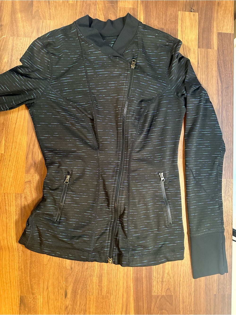 Zella Women’s Small Asymmetrical Zip Athletic Jacket Black Printed Thumbholes